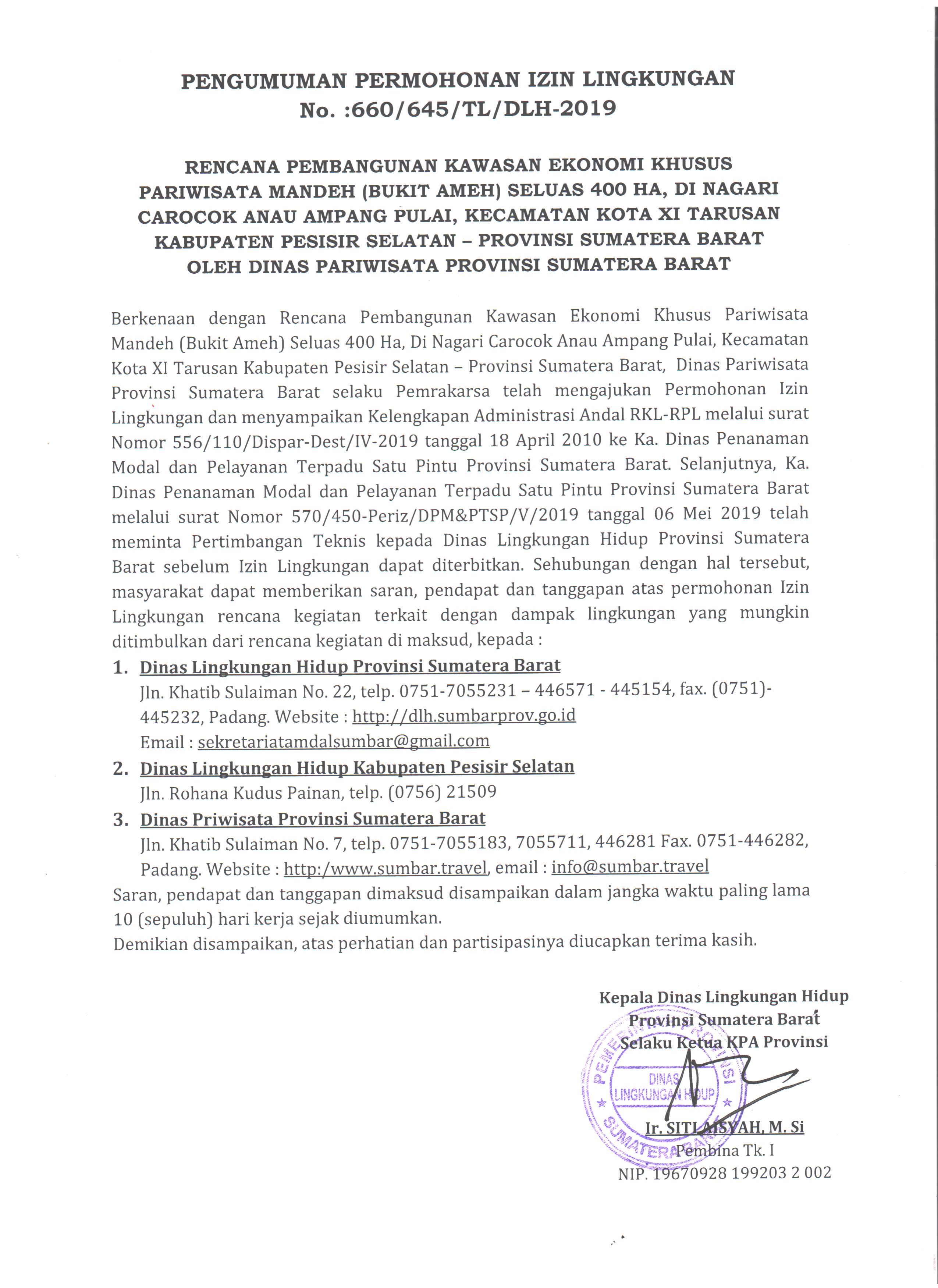 Pengumuman Permohonan Izin Lingkungan KEK Mandeh