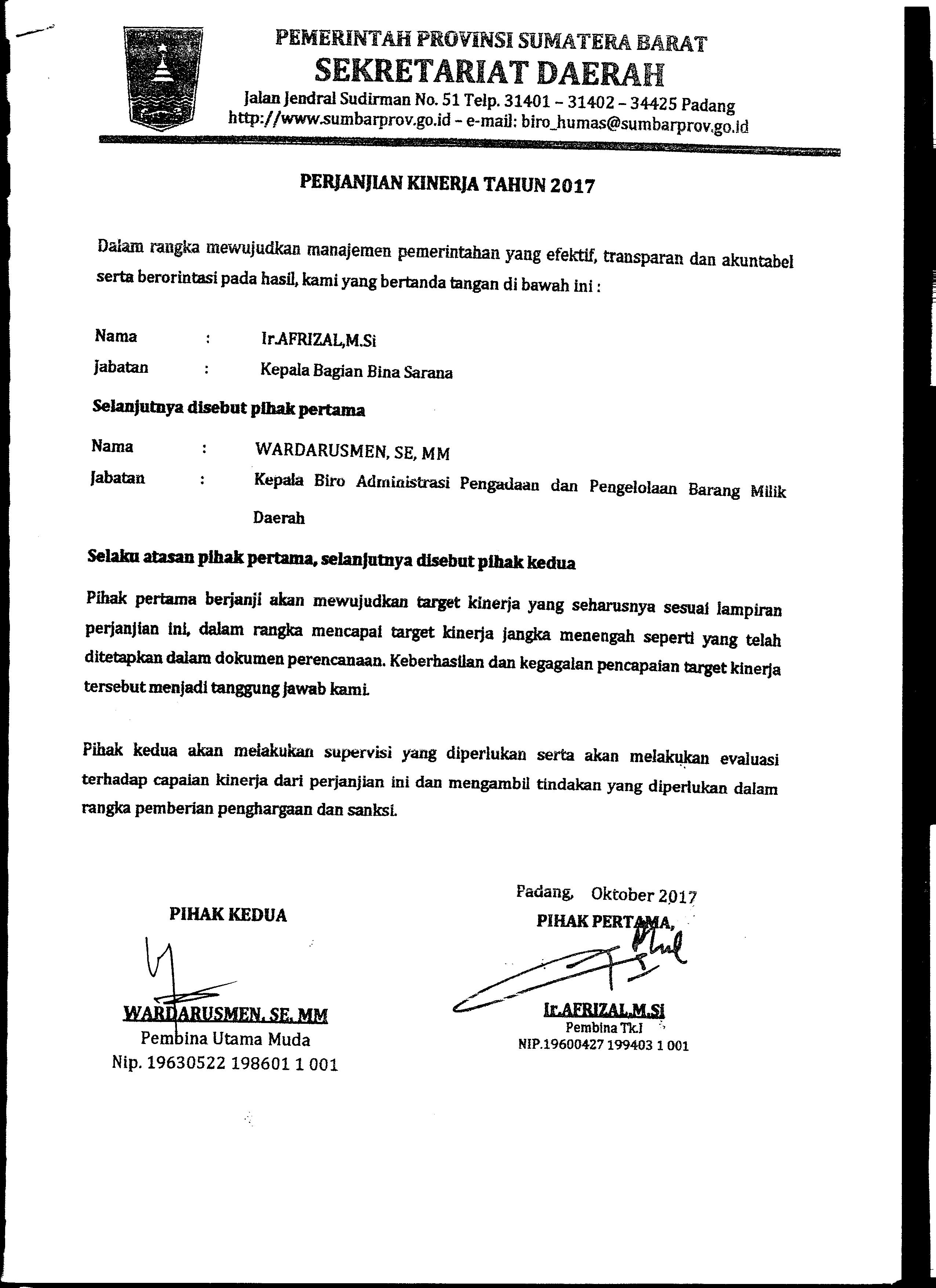 Perjanjian Kinerja Kabag. Bina Sarana Biro AP2BMD Tahun 2017