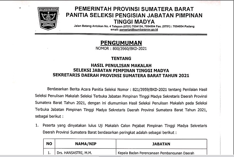 HASIL PENULISAN MAKALAH SELEKSI JABATAN PIMPINAN TINGGI MADYA SEKRETARIS DAERAH PROVINSI SUMATERA BARAT TAHUN 2021
