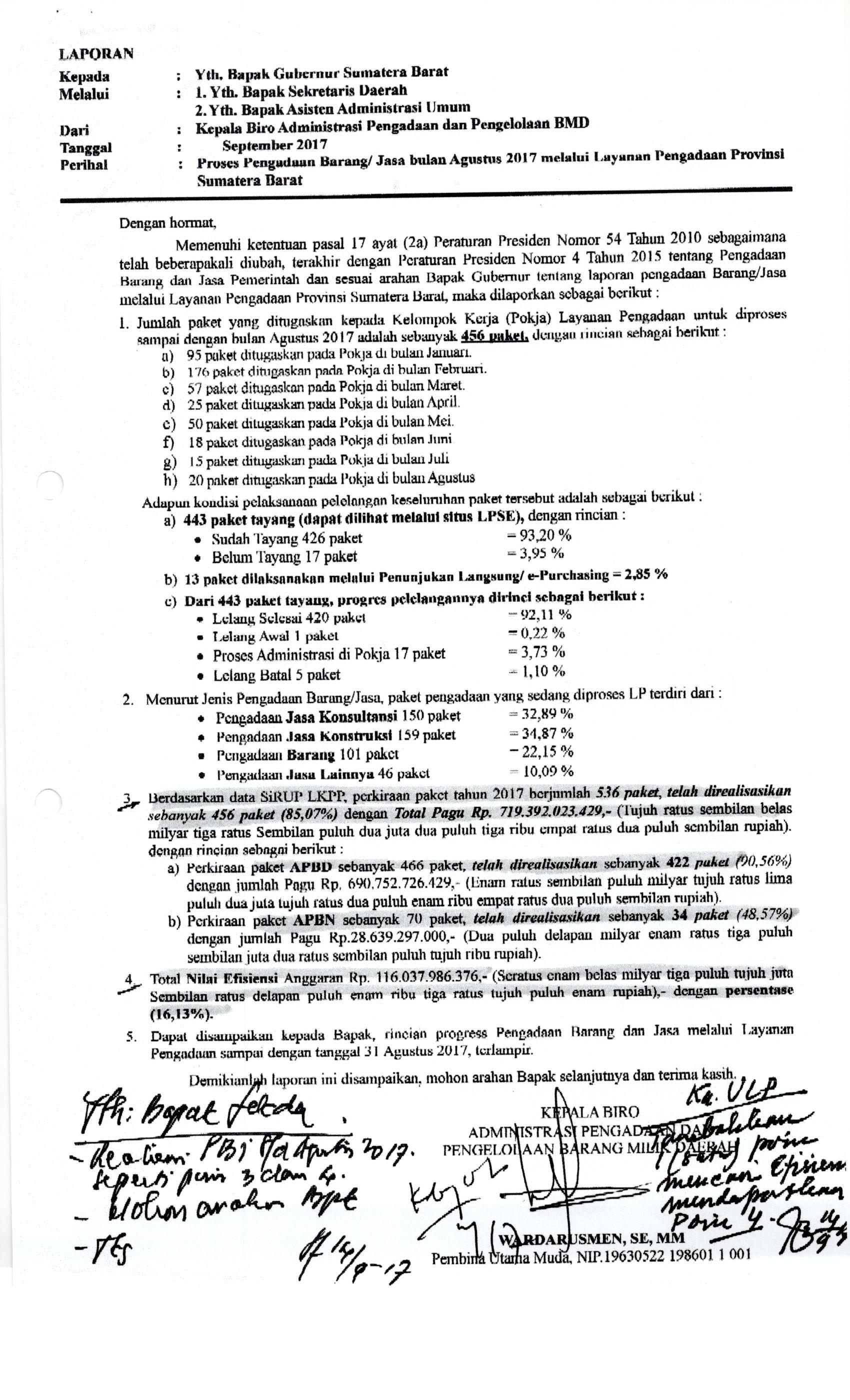 Proses Pengadaan Barang/Jasa Bulan Agustus 2017 Melalui Layanan Pengadaan Provinsi Sumatera Barat
