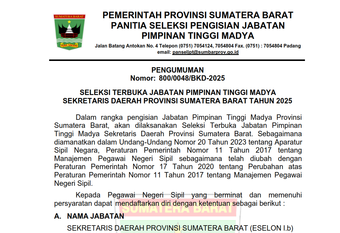 PENGUMUMAN SELEKSI TERBUKA JABATAN PIMPINAN TINGGI MADYA SEKRETARIS DAERAH PROVINSI SUMATERA BARAT TAHUN 2025 
