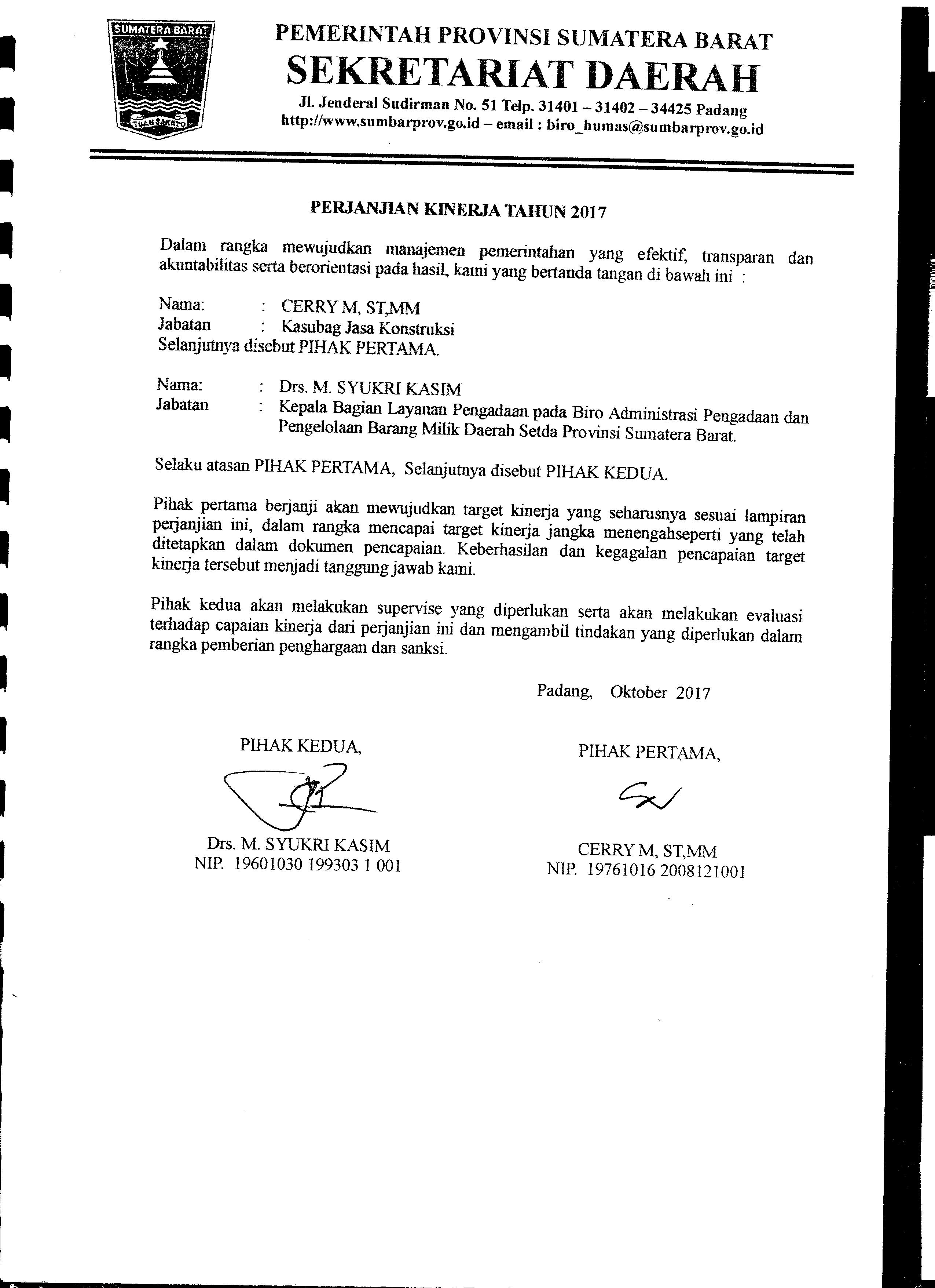 Perjanjian Kinerja Kasubag Jasa Konstruksi Biro AP2BMD Tahun 2017