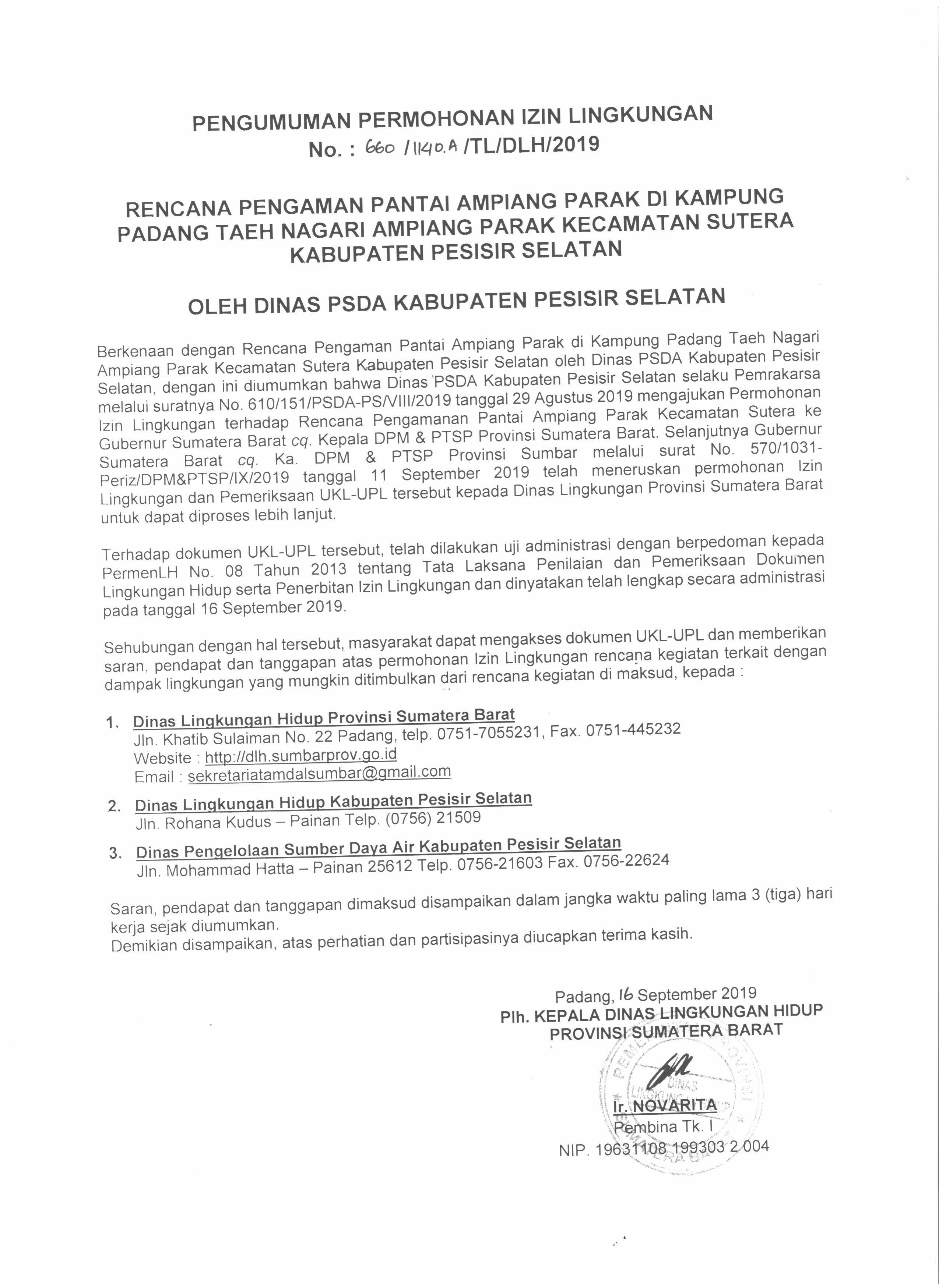 Permohonan Izin Lingkungan Rencana Pengamanan Pantai Ampiang Parak di Kampung Padang Taeh, Kab. Pesisir Selatan
