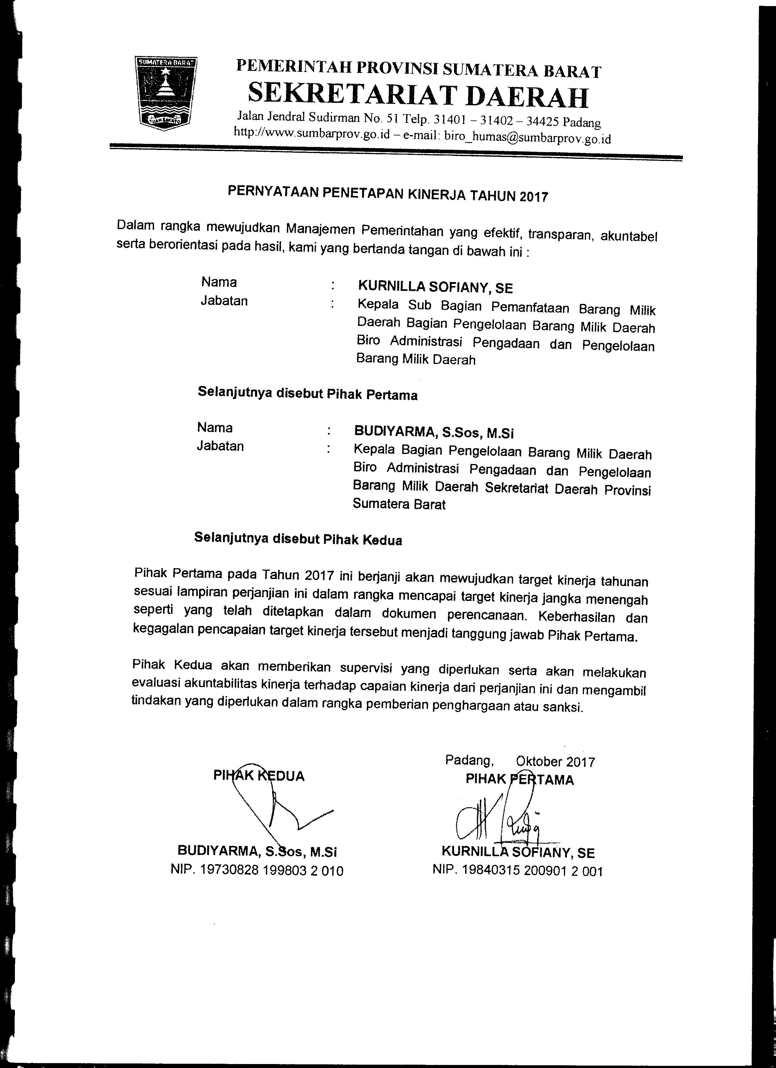 Perjanjian Kinerja Kasubag Pemanfaatan BMD Biro AP2BMD Tahun 2017
