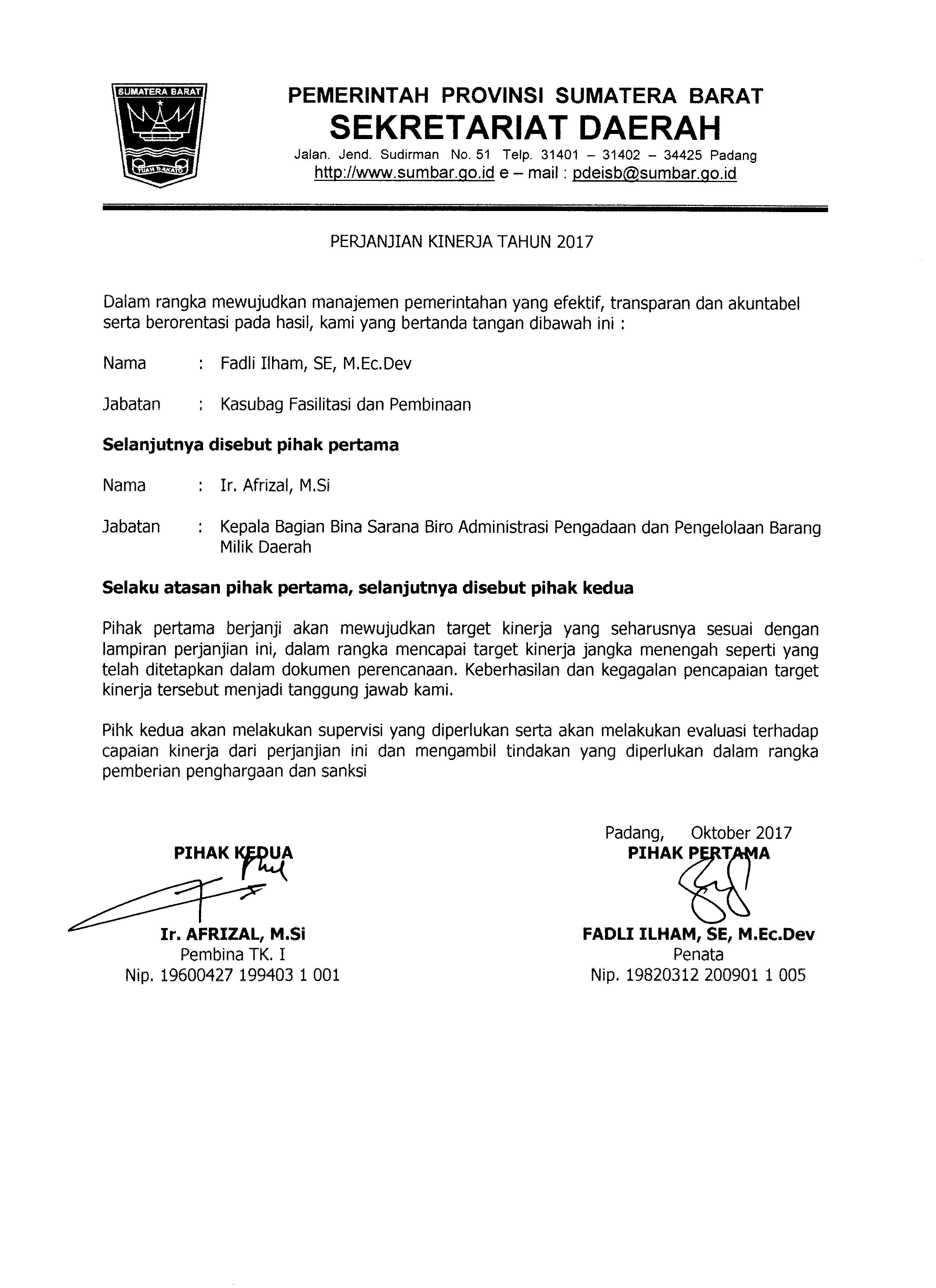 Perjanjian Kinerja Kasubag Fasilitasi dan Pembinaan Tahun 2017 Biro AP2BMD