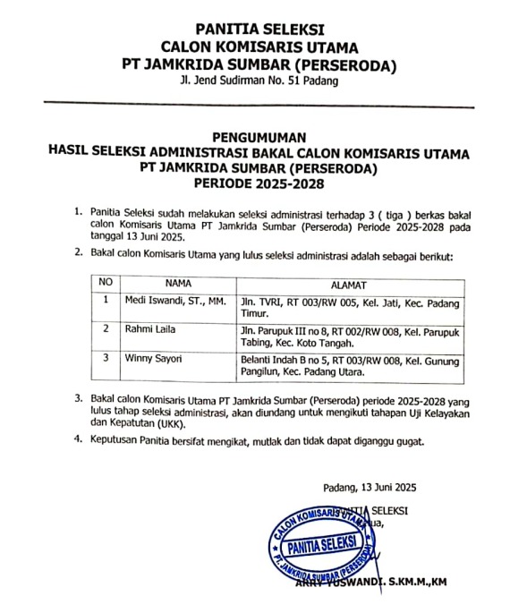 Pengumuman Hasil seleksi Administrasi Bakal Calon Komisaris Utama PT JAMKIRDA SUMBAR (PERSERODA)