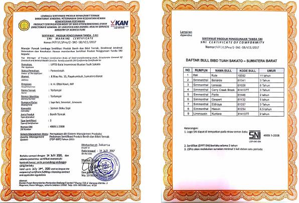 UPTD BIB TUAH SAKATO MENERIMA SERTIFIKAT PRODUK PENGGUNAAN TANDA SNI (SNI Marking Certificate) DALAM UPAYA MENDUKUNG UPSUS SIWAB