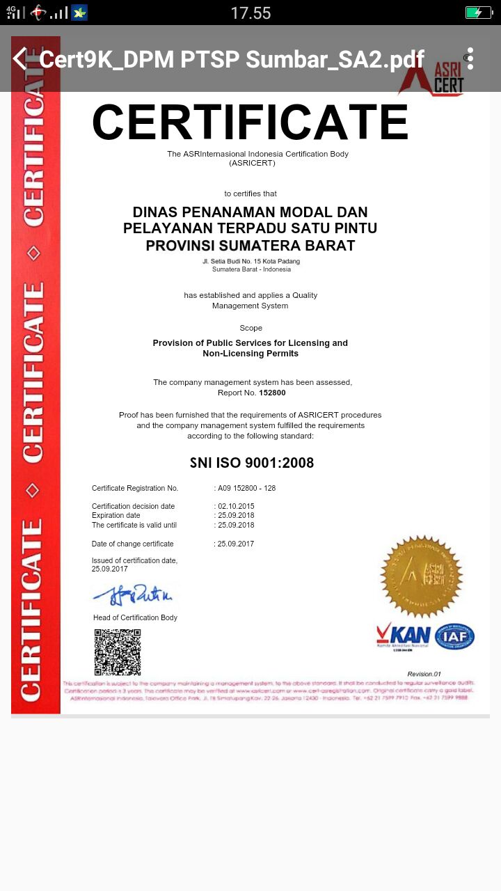 Hari ini sertifikasi SNI ISO : 9001 : 2008 managemen mutu diberikan ke DPM&PTSP prov sumbar