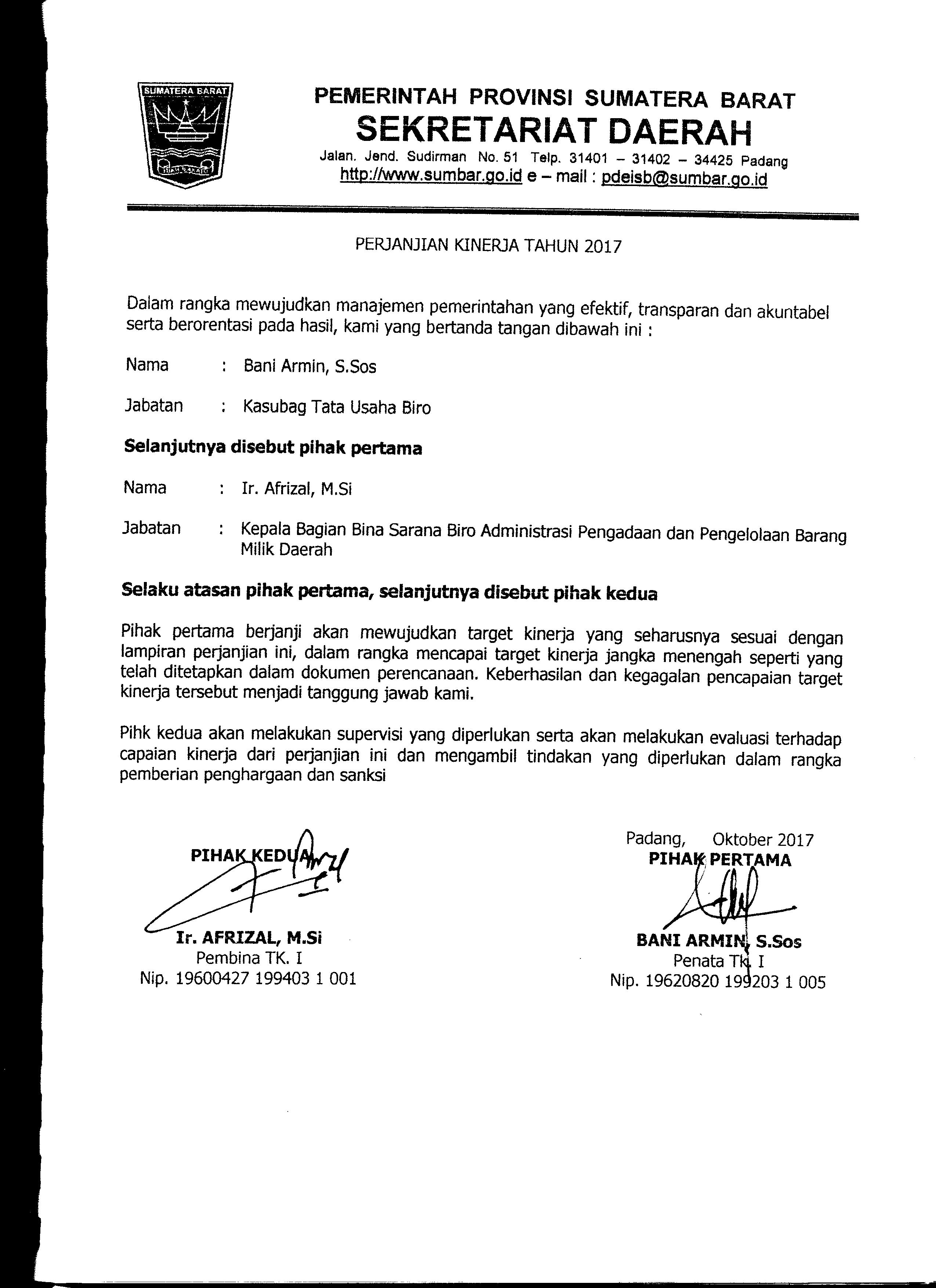 Perjanjian Kinerja Kasubag Tata Usaha Biro AP2BMD Tahun 2017