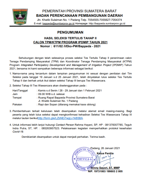 HASIL SELEKSI TERTULIS TAHAP II CALON TPM/KTPM PROGRAM IPDMIP TAHUN 2021