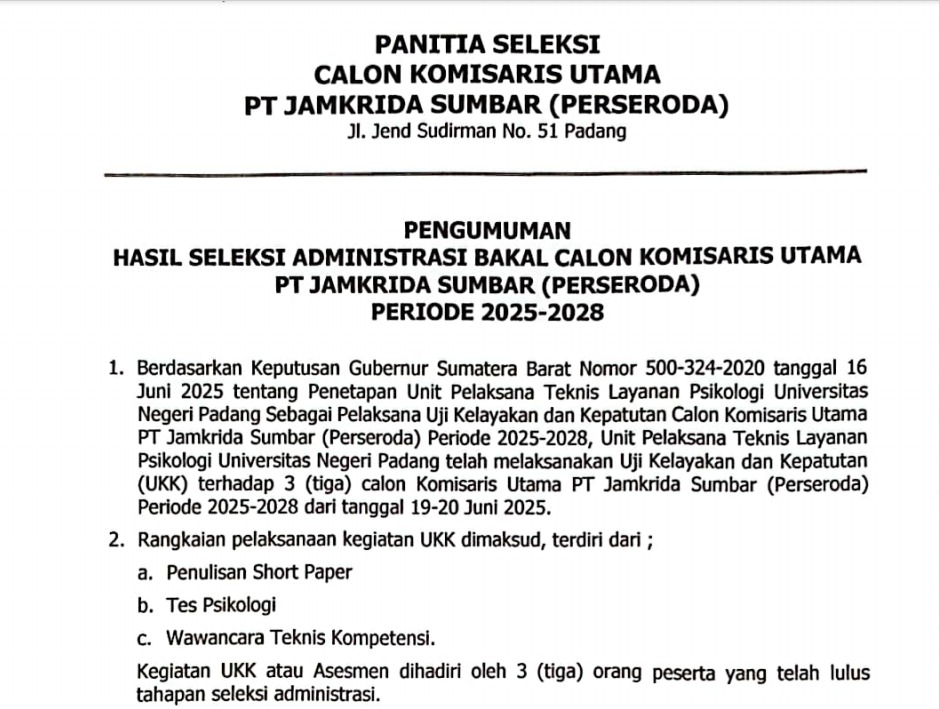 Hasil Seleksi Administrasi Bakal Calon Komisaris Utama PT Jam Krida Sumbar (Perseroda) Periode 2025 - 2028