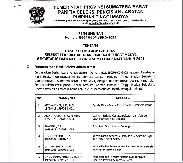 HASIL SELEKSI ADMINISTRASI SELEKSI TERBUKA JABATAN PIMPINAN TINGGI MADYA SEKRETARIS DAERAH PROVINSI SUMATERA BARAT TAHUN 2021