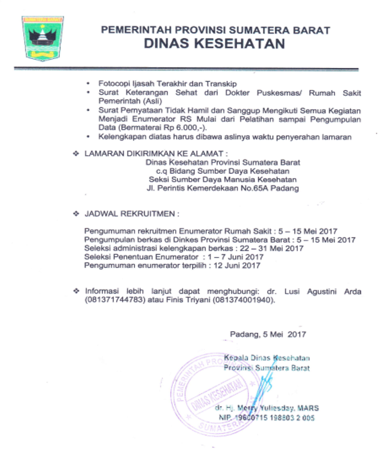 Pengumuman Rekruitmen Enumerator Rumah Sakit Riset Ketenagaan Bidang Kesehatan Provinsi Sumatera Barat Tahun 2o17
