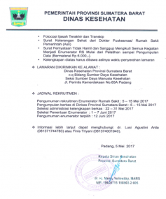 PENGUMUMAN REKRUITMEN ENUMERATOR RUMAH SAKIT RISET KETENAGAAN BIDANG KESEHATAN PROVINSI SUMATERA BARAT TAHUN 2O17