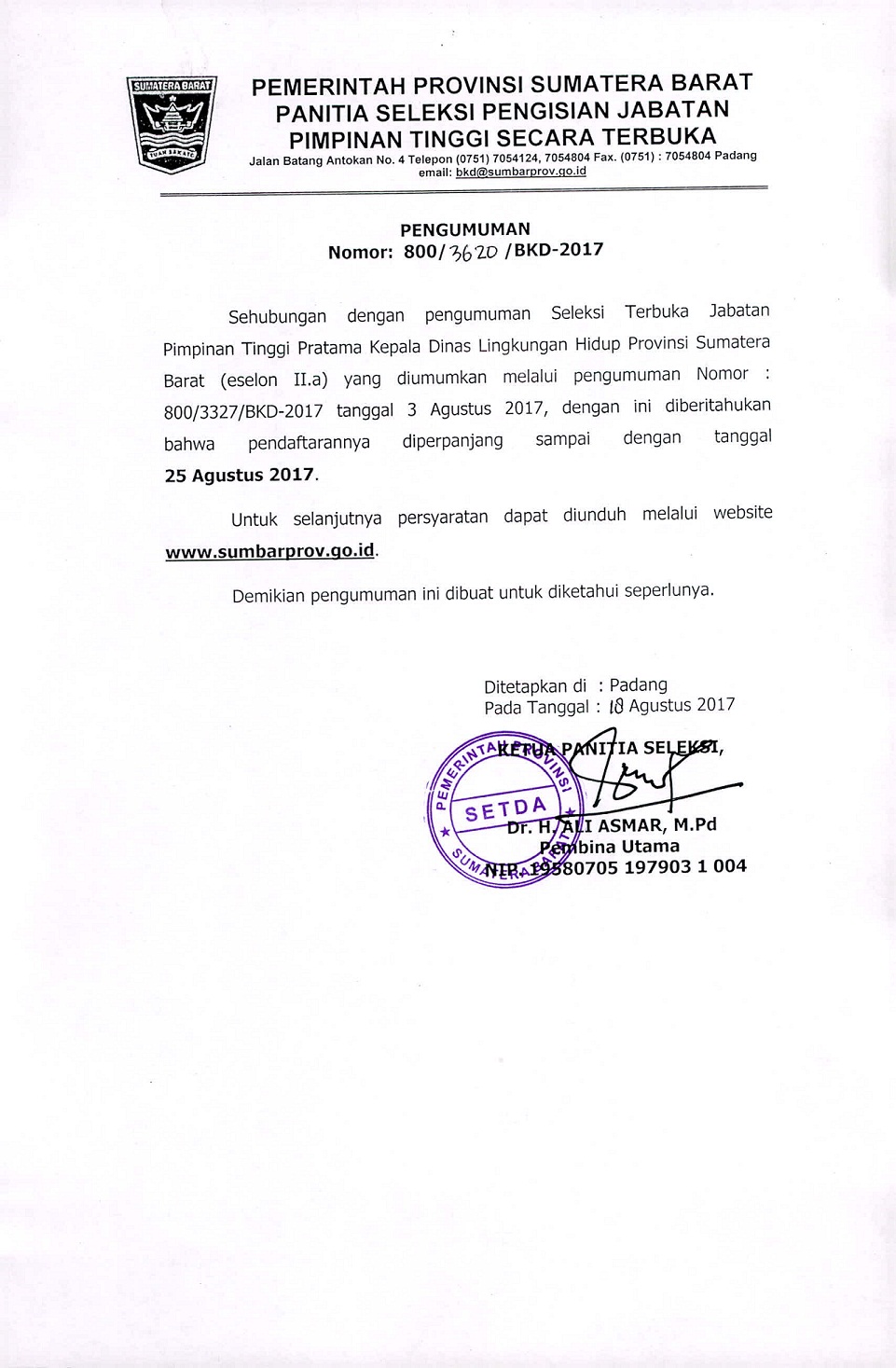 PERPANJANGAN PENDAFTARAN SELEKSI TERBUKA JABATAN PIMPINAN TINGGI PRATAMA KEPALA DINAS LINGKUNGAN HIDUP