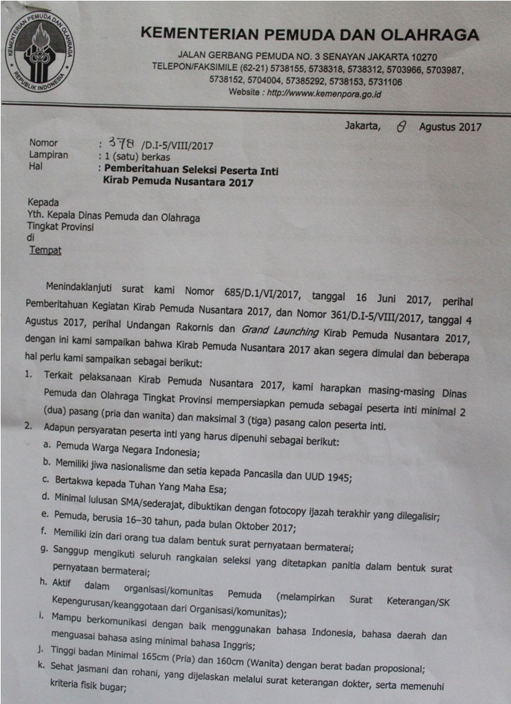 PEMBERITAHUAN SELEKSI PESERTA INTI KIRAB PEMUDA NUSANTARA 2017