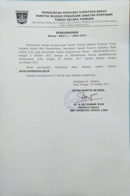 PERPANJANGAN SELEKSI TERBUKA JABATAN PIMPINAN TINGGI PRATAMA KEPALA BIRO PEMERINTAHAN SETDA PROV. SUMBAR