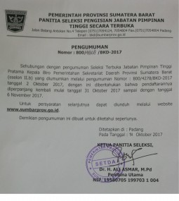 PERPANJANGAN PENDAFTARAN SELEKSI TERBUKA JABATAN PIMPINAN TINGGI PRATAMA KEPALA BIRO PEMERINTAHAN SEKDA SUMBAR