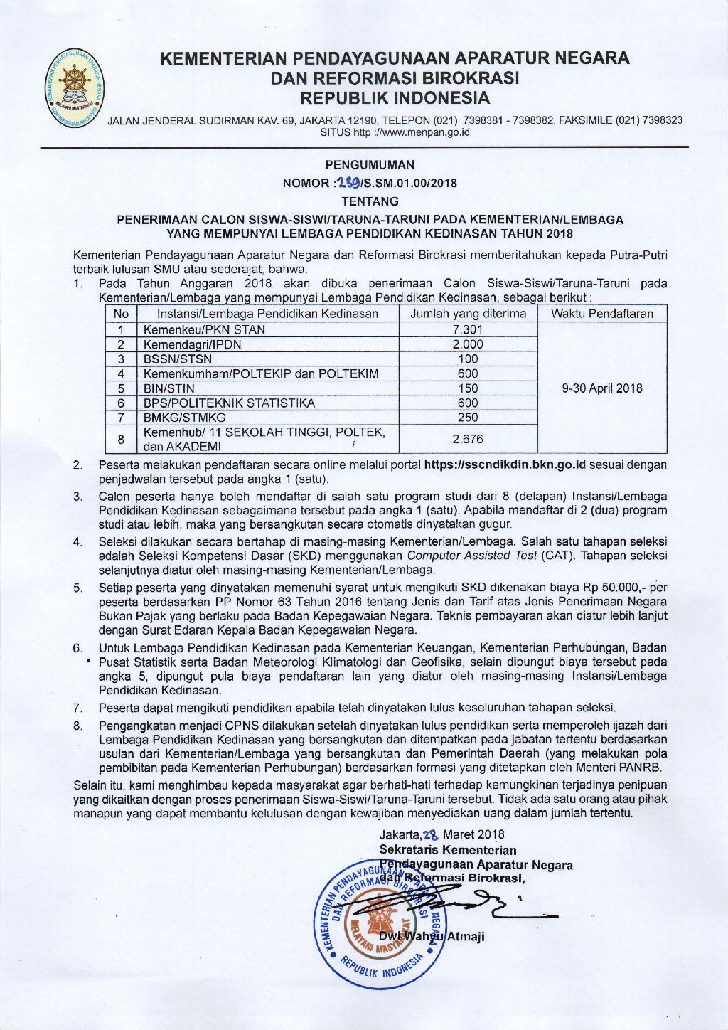 Surat Sekretaris Kementerian PANRB tentang Pengumuman Penerimaan Calon Siswa-Siswi/Taruna-Taruni pada Kementerian /Lembaga yang mempunyai Lembaga Pendidikan Kedinasan Tahun 2018