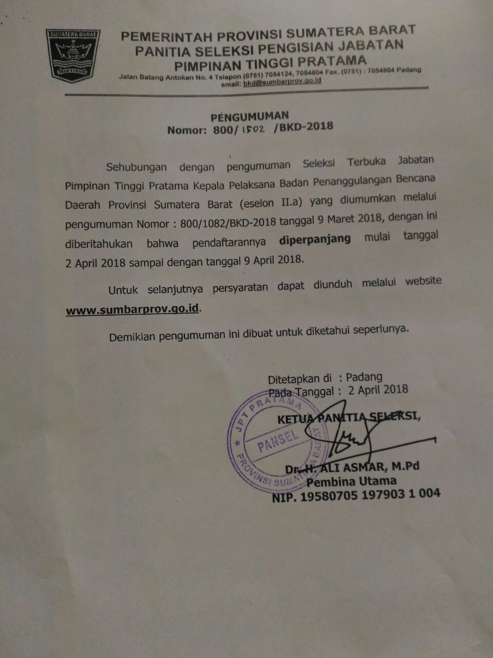 Perpanjangan Pendaftaran Seleksi Terbuka Jabatan Pimpinan Tinggi Pratama Kepala Pelaksana BPBD Prov. Sumbar