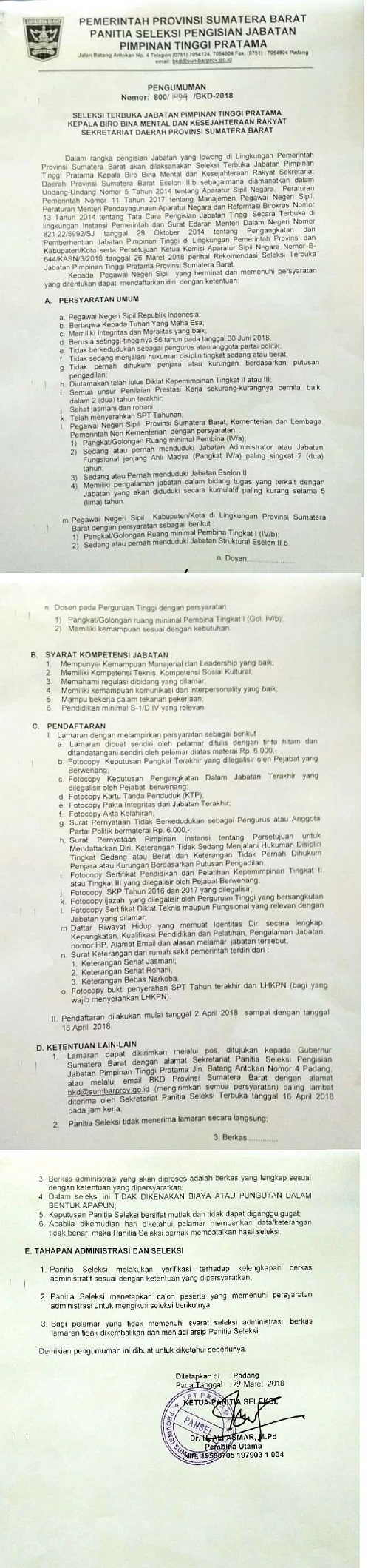 SELEKSI TERBUKA JABATAN PIMPINAN TINGGI PRATAMA KEPALA BIRO BINA MENTAL DAN KESEJAHTERAAN RAKYAT SETDA PROV. SUMBAR