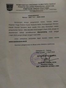 Perpanjangan Pendaftaran Seleksi Terbuka Jabatan Pimpinan Tinggi Pratama Kepala Pelaksana BPBD Prov. Sumbar