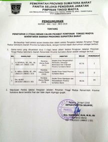 PENETAPAN 3 (TIGA) BESAR CALON PEJABAT PIMPINAN TINGGI MADYA SEKRETARIS DAERAH PROVINSI SUMATERA BARAT