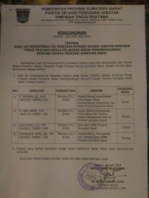 HASIL UJI KOMPETENSI/TES PEMETAAN POTENSI SELEKSI JABATAN PIMPINAN TINGGI PRATAMA KEPALA PELAKSANA BADAN PENANGGULANGAN BENCANA DAERAH PROV. SUMBAR 