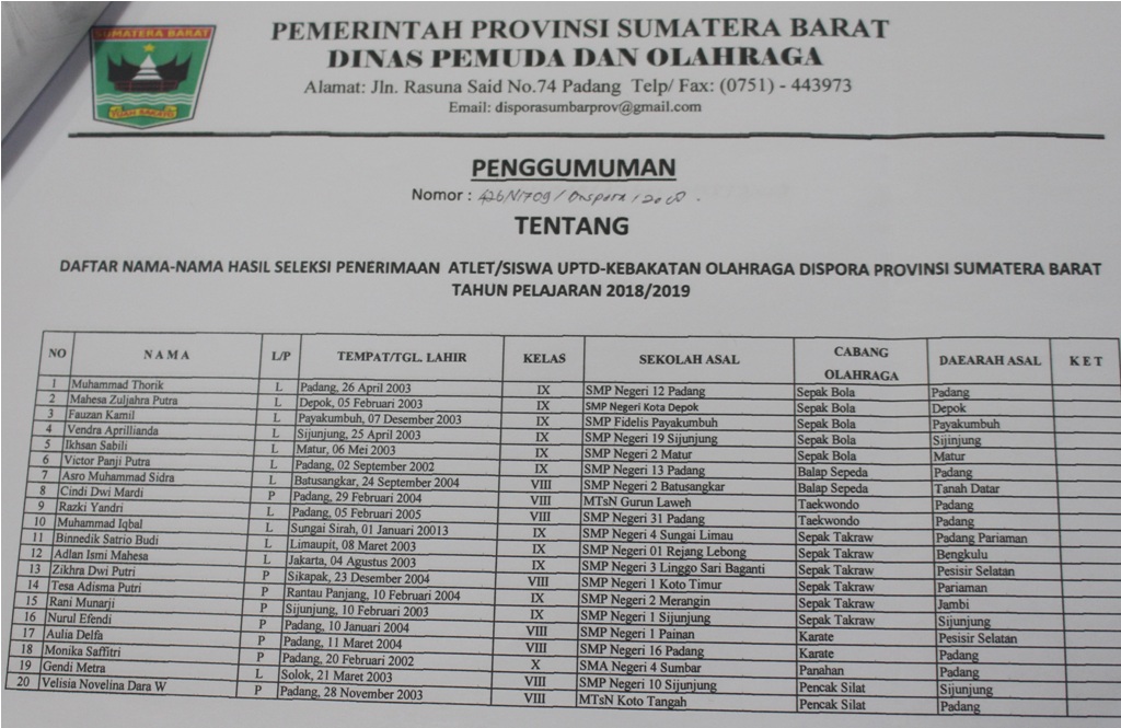 HASIL SELEKSI PENERIMAAN ATLIT/SISWA BARU UPTD KEBAKATAN OLAHRAGA TAHUN PELAJARAN 2018/ 2019 