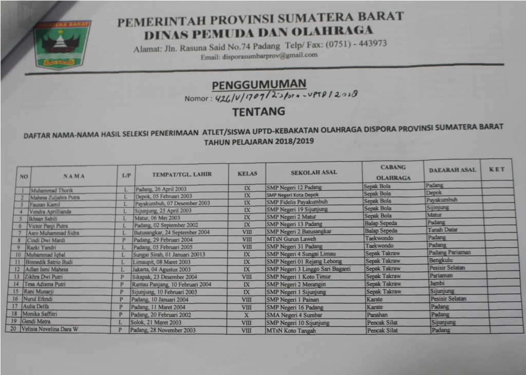 HASIL SELEKSI PENERIMAAN ATLIT/SISWA BARU UPTD KEBAKATAN OLAHRAGA TAHUN PELAJARAN 2018/ 2019