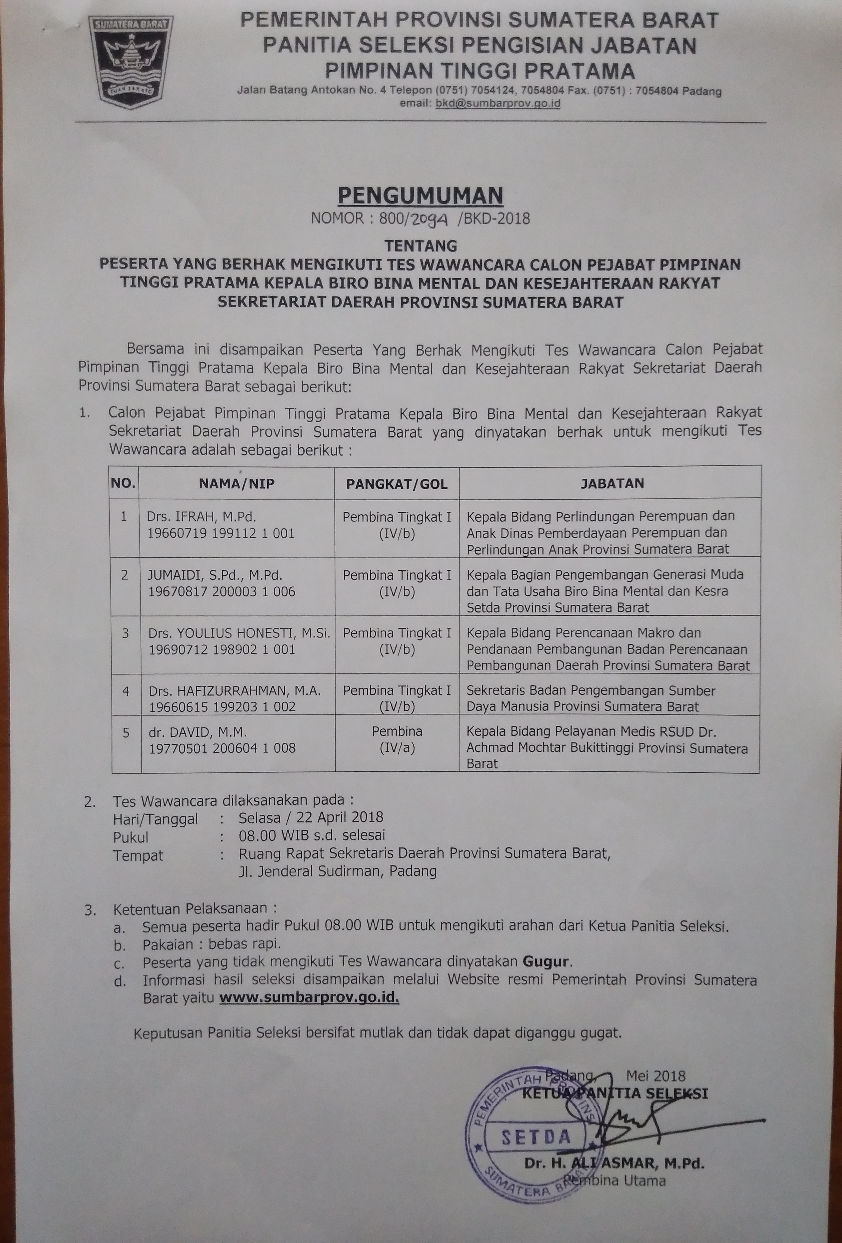 PESERTA YANG BERHAK MENGIKUTI TES WAWANCARA CALON PEJABAT PIMPINAN TINGGI PRATAMA KEPALA BIRO BINA MENTAL DAN KESEJAHTERAAN RAKYAT SETDA PROV. SUMBAR