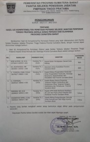 Pengumuman Tentang Hasil Uji Kompetensi/Tes Pemetaan Potensi Seleksi Jabatan Pimpinan Tinggi Pratama Kepala Dinas Pemuda dan Olahraga Provinsi Sumatera Barat