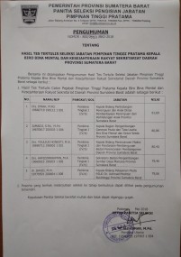 HASIL TES TERTULIS SELEKSI JABATAN PIMPINAN TINGGI PRATAMA KEPALA BIRO BINA MENTAL DAN KESEJAHTERAAN RAKYAT SETDA PROV. SUMBAR