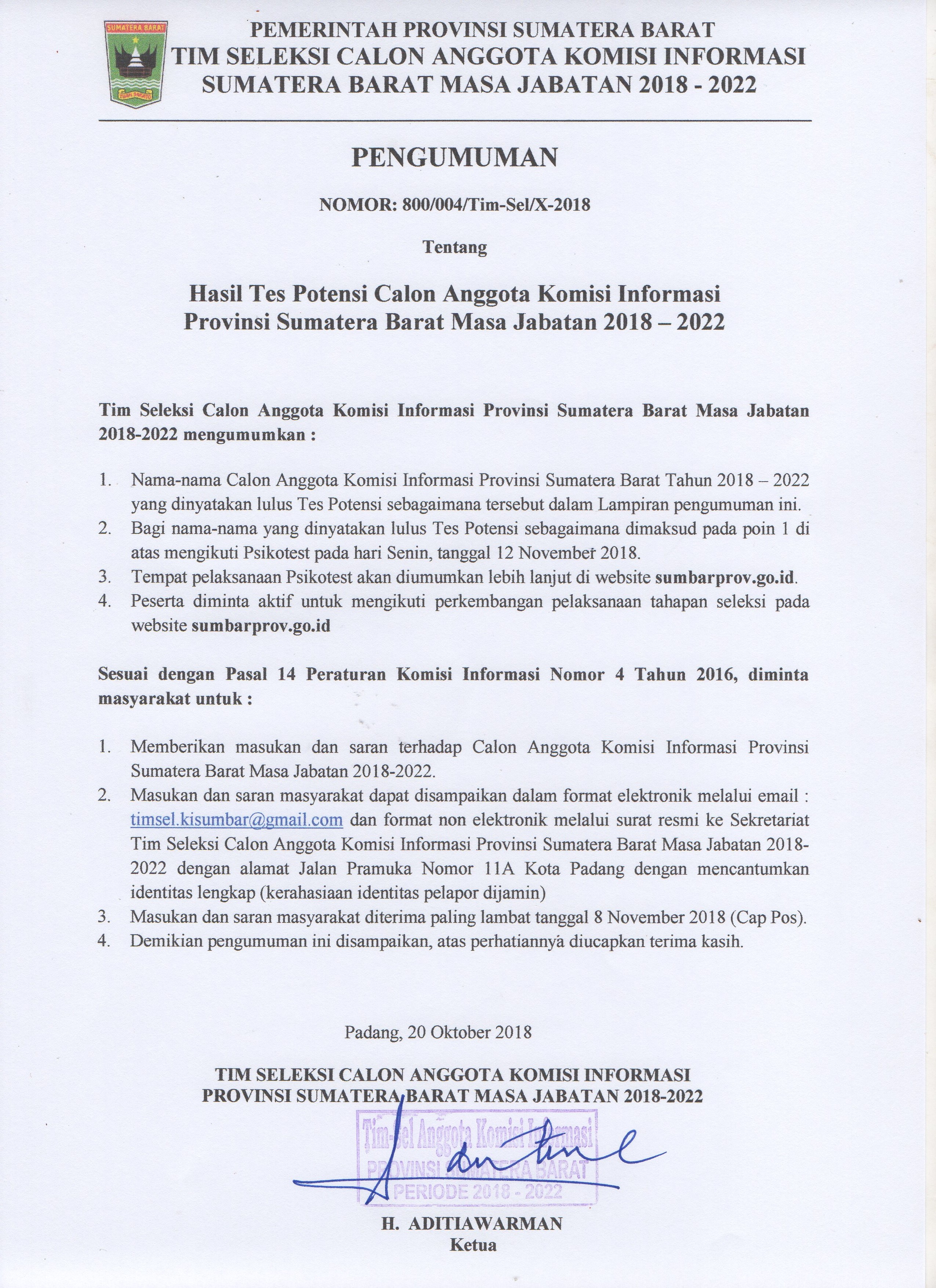 Pengumuman Peserta Lulus Tes Potensi Seleksi Calon Anggota Komisi Informasi Provinsi Sumatera Barat Masa Jabatan 2018-2022