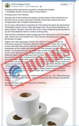 [Hoax] Tissue Toilet (Gulungan) dan Tissue Muka Menyebabkan Kanker