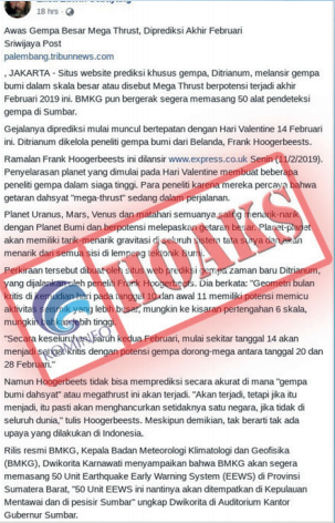 [Hoax] Gempa Bumi Megathrust Akan Terjadi pada Akhir Februari 2019