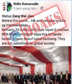 [Hoax] Dubes Uni Eropa Rapat Bersama BPN Prabowo-Sandi, Jokowi-Maruf Bakal Tumbang
