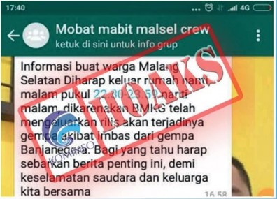 [Hoax] Akan terjadi gempa di Malang Selatan