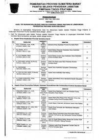 HASIL TES WAWANCARA SELEKSI JABATAN PIMPINAN TINGGI PRATAMA DI LINGKUNGAN PEMERINTAH PROVINSI SUMATERA BARAT