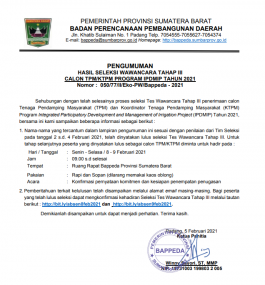 HASIL SELEKSI WAWANCARA TAHAP III CALON TPM/KTPM PROGRAM IPDMIP TAHUN 2021