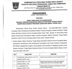 HASIL PENILAIAN/UJI KOMPETENSI SELEKSI TERBUKA PENGISIAN JABATAN PIMPINAN TINGGI MADYA SEKRETARIS DAERAH PROVINSI SUMATERA BARAT