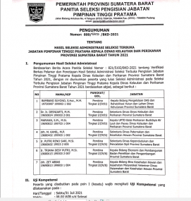 PENGUMUMAN HASIL SELEKSI ADMINISTRASI SELEKSI TERBUKA JPT PRATAMA KEPALA DINAS KELAUTAN DAN PERIKANAN PROVINSI SUMATERA BARAT TAHUN 2021