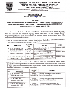 PENGUMUMAN HASIL TES KESEHATAN DAN PENETAPAN 3 (TIGA) TERBAIK CALON PEJABAT PIMPINAN TINGGI PRATAMA KEPALA DINAS KELAUTAN DAN PERIKANAN PROVINSI SUMATERA BARAT TAHUN 2021