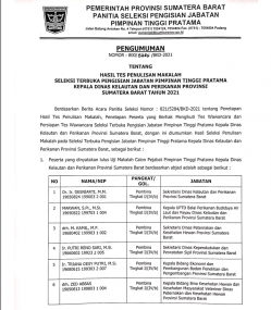 PENGUMUMAN HASIL TES PENULISAN MAKALAH SELEKSI TERBUKA PENGISIAN JABATAN PIMPINAN TINGGI PRATAMA KEPALA DINAS KELAUTAN DAN PERIKANAN PROVINSI SUMATERA BARAT TAHUN 2021