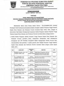 PENGUMUMAN HASIL PENILAIAN/UJI KOMPETENSI SELEKSI TERBUKA PENGISIAN JABATAN PIMPINAN TINGGI PRATAMA KEPALA DINAS KELAUTAN DAN PERIKANAN PROVINSI SUMATERA BARAT TAHUN 2021