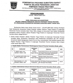 HASIL PENILAIAN/UJI KOMPETENSI SELEKSI TERBUKA PENGISIAN JABATAN PIMPINAN TINGGI PRATAMA  DI LINGKUNGAN PEMERINTAH PROVINSI SUMATERA BARAT TAHUN 2021