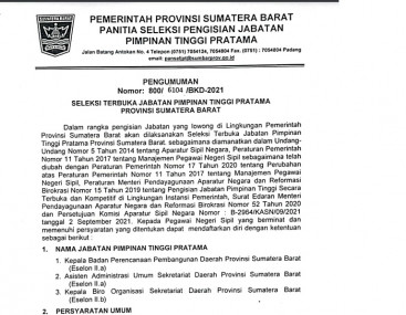 SELEKSI TERBUKA JABATAN PIMPINAN TINGGI PRATAMA PROVINSI SUMATERA BARAT