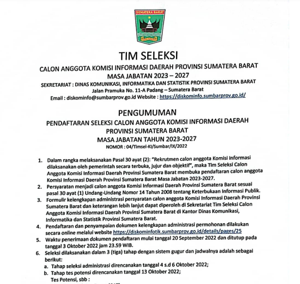 Pengumuman Pendaftaran Seleksi Calon Anggota Komisi Informasi Daerah Provinsi Sumatera Barat