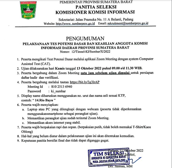 Pengumuman Pelaksanaan Tes Potensi Dasar dan Keahlian Anggota Komisi Informasi Daerah Provinsi Sumatera Barat