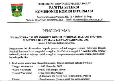 Pengumuman Wawancara Calon Anggota Komisi Informasi Daerah Provinsi Sumatera Barat Masa Jabatan Tahun 2023-2027